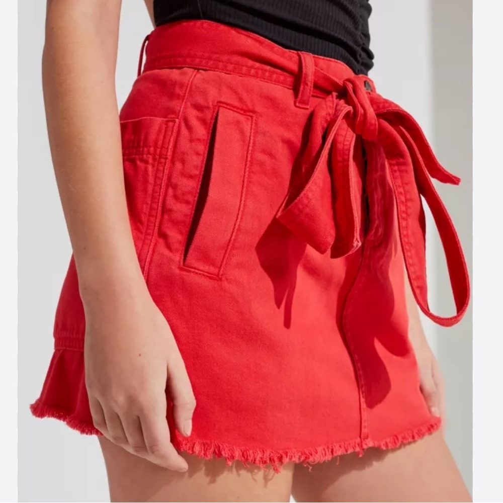 NWT BDG Urban Outfitters Twill Frayed Mini Skirt Tie Waist Denim Fringe Raw Hem